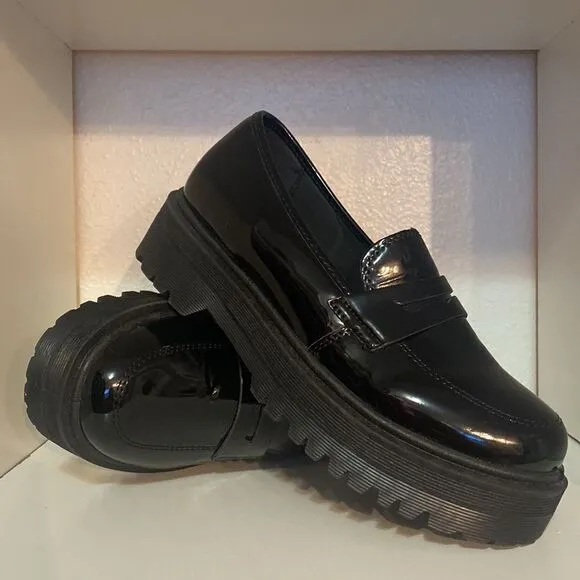 Lulus Black Patent Leather Platform Loafers Slip On Shoes